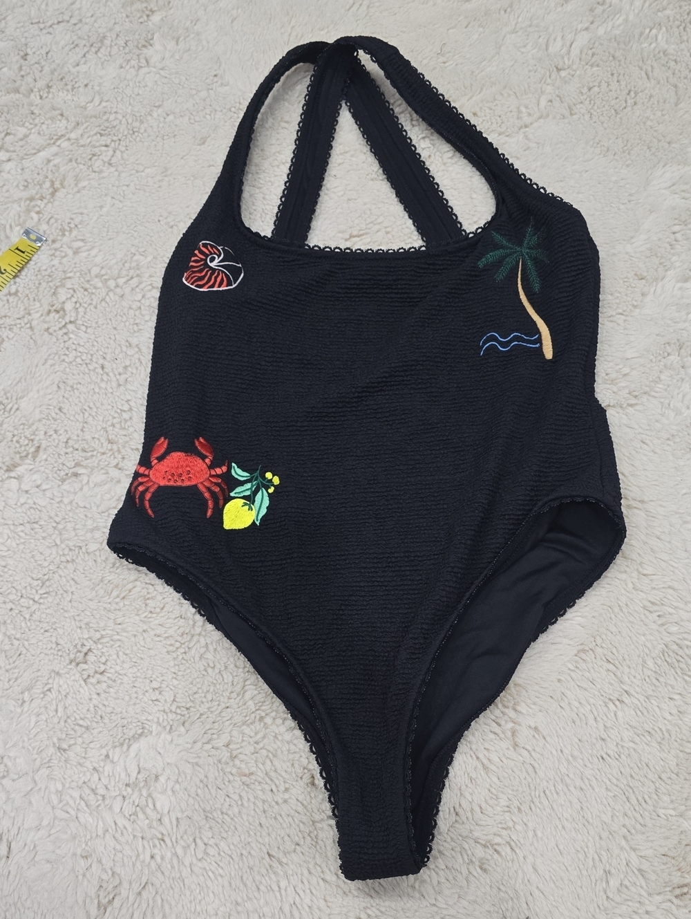 DAMSON MADDER Black One-Piece Swimsuit with Tropical Embroidery